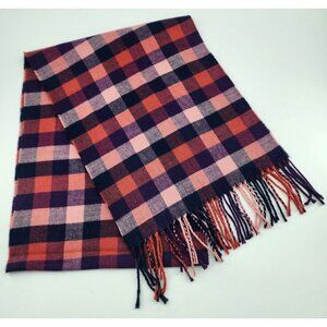100% Cashmere Fringe Neck Scarf Pink/Blue/Purple Plaid Made In Scotland 64" Long